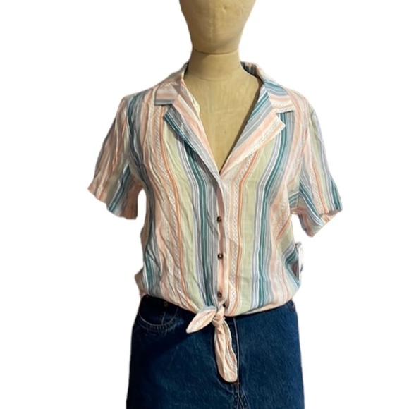 Retro Top 90s Style Button Small Stripe Cottage Vtg Knot Yellow NEW Vylette - Picture 2 of 14